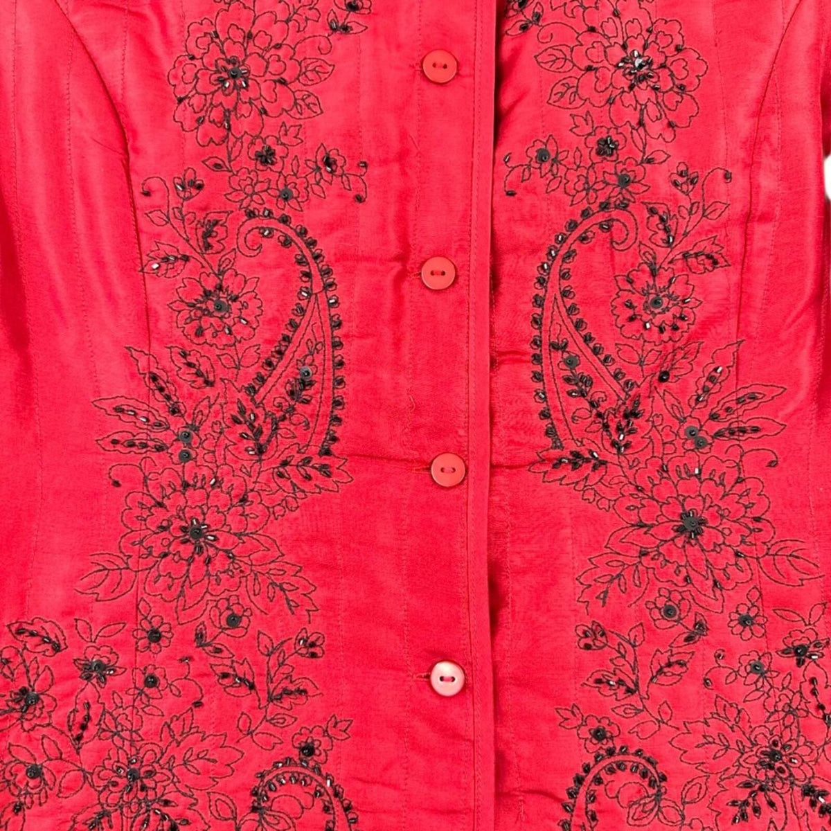 Carole Little Vintage Red Quilted Silk Jacket with Black Floral Embroidery