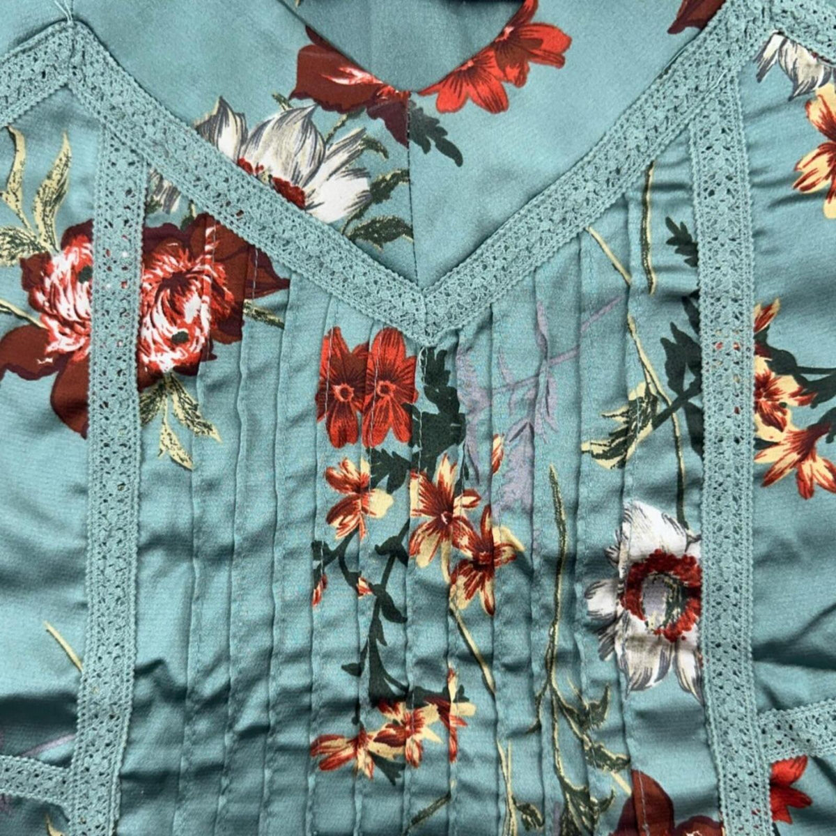 Doe & Rae Satin Floral Camisole Top in Teal with Lace Trim and Pintuck Pleats