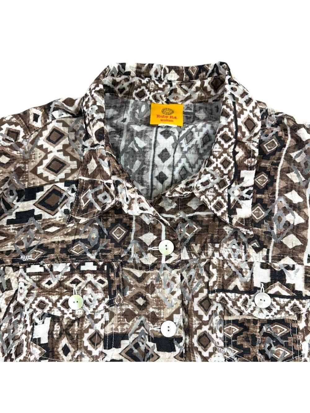 Ruby Rd. Brown Tribal Geometric Button Down Blouse Lightweight Jacket