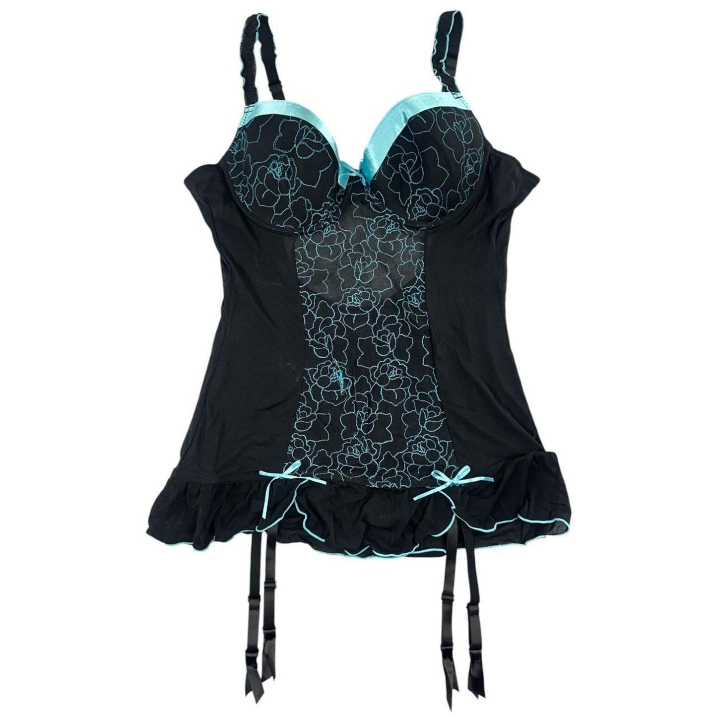 Undercover Black and Turquoise Floral Embroidered Sheer Mesh Corset Top Size 38C