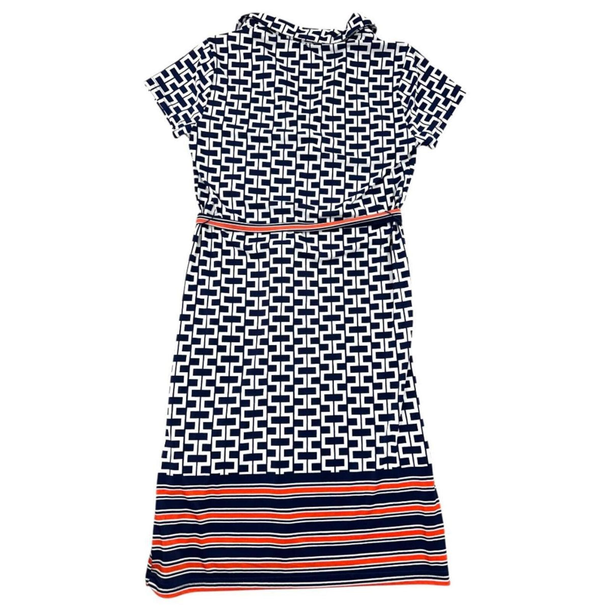 Mlle Gabrielle Blue and White Geometric Print Dress with Belt Preppy Coquette