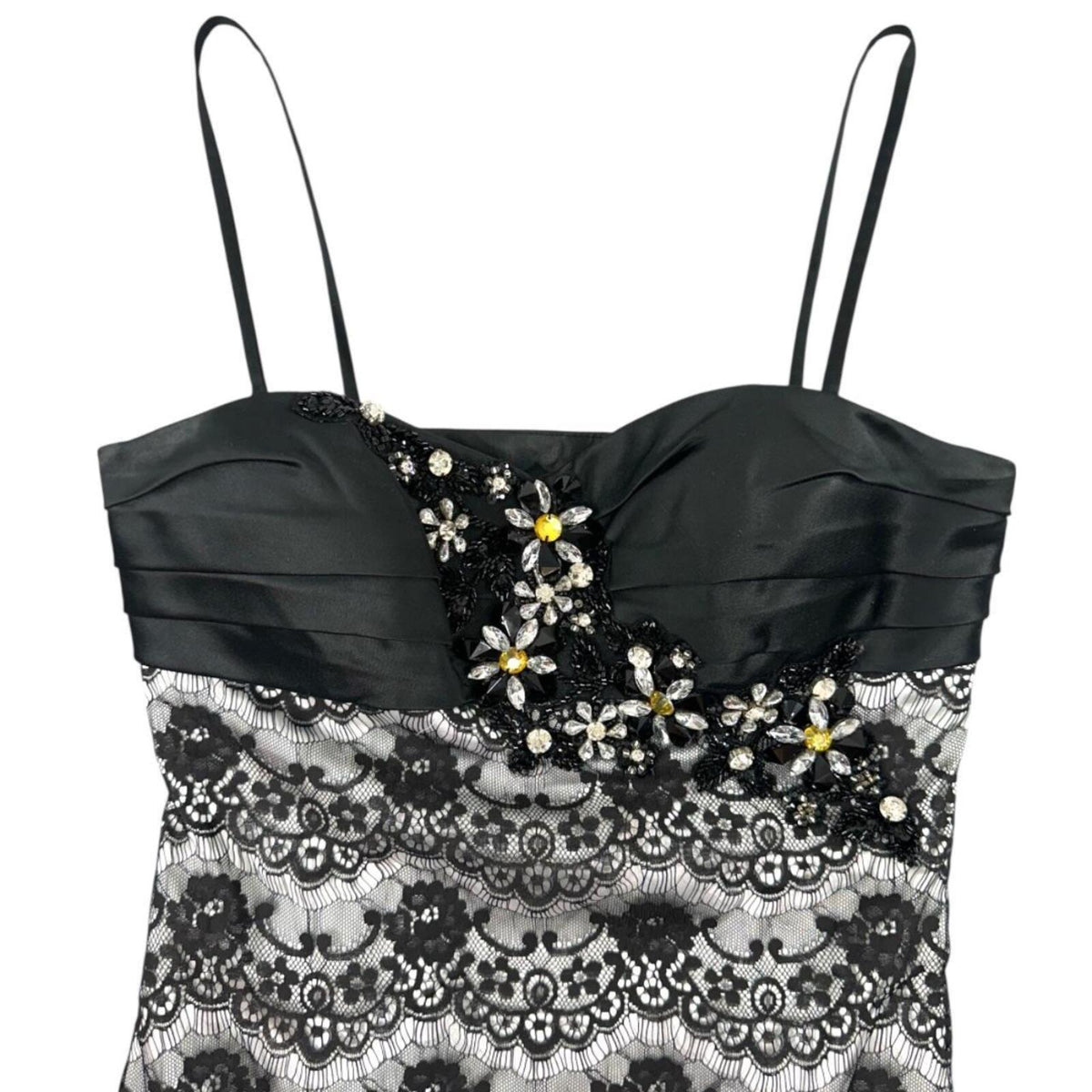 Dave & Johnny Black Pleated Satin Bustier Cocktail Dress with Beaded Floral Lace
