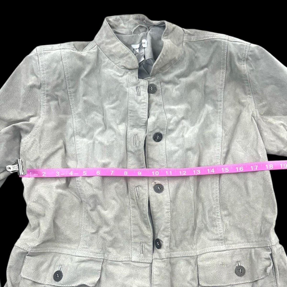 Chico's Light Gray Suede Leather Jacket with Mandarin Collar Elegant Boho