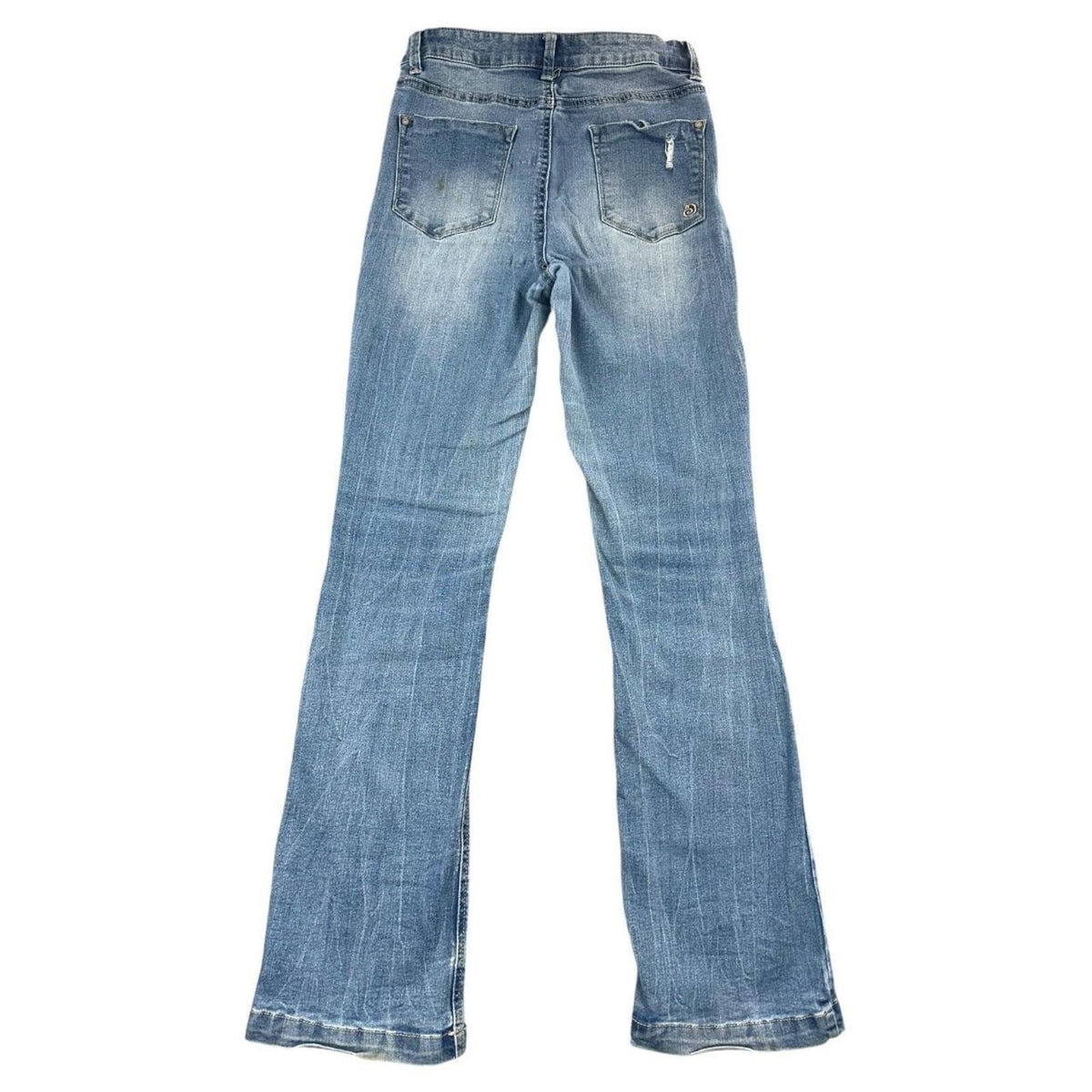 Indigo Rein Distressed Boho Flare Jeans Medium Wash High Rise Y2K