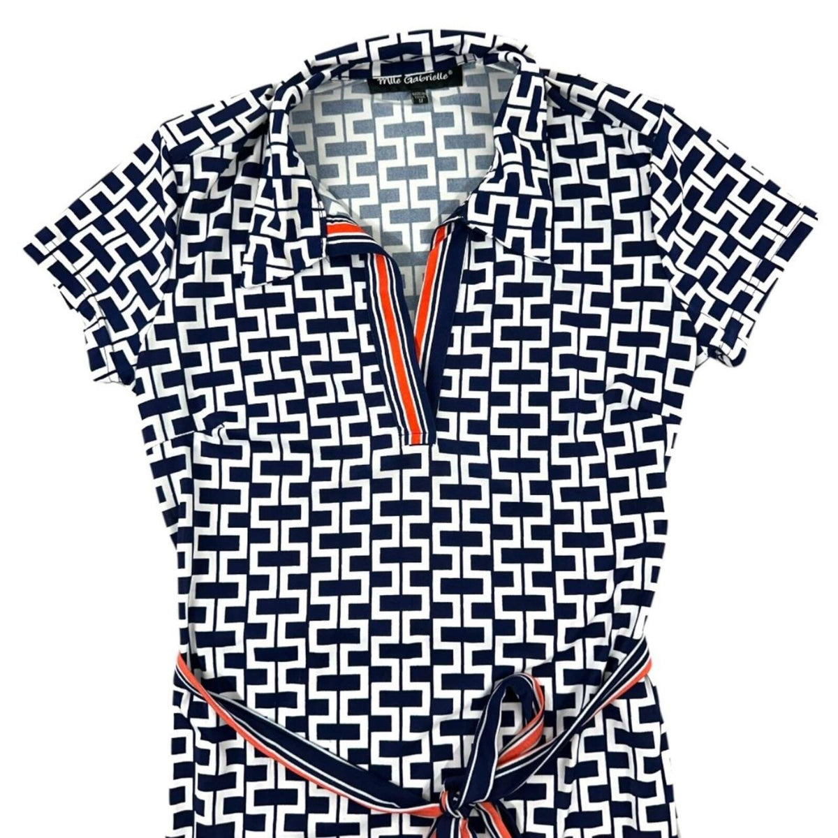 Mlle Gabrielle Blue and White Geometric Print Dress with Belt Preppy Coquette