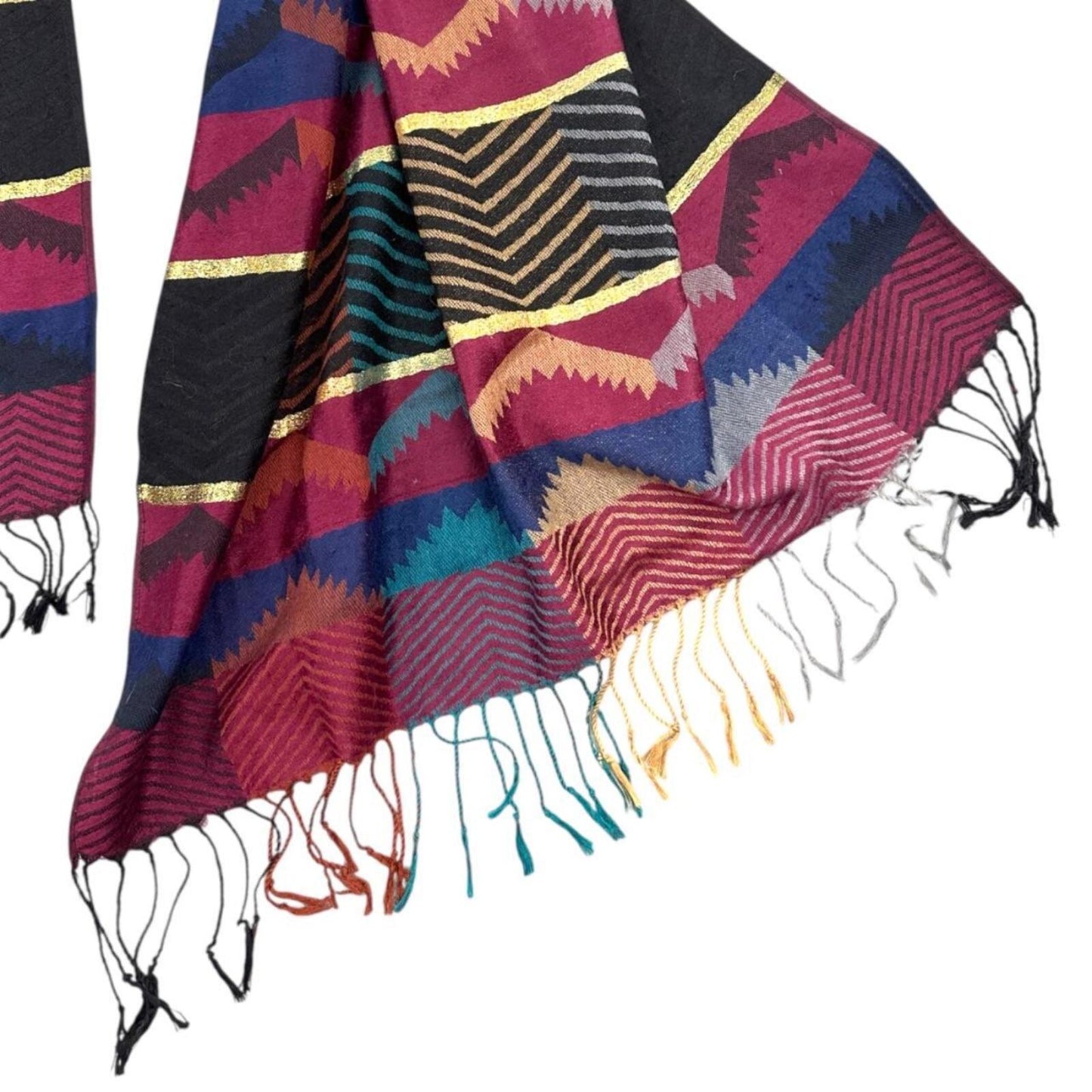 Colorful Geometric Patterned Scarf with Fringe