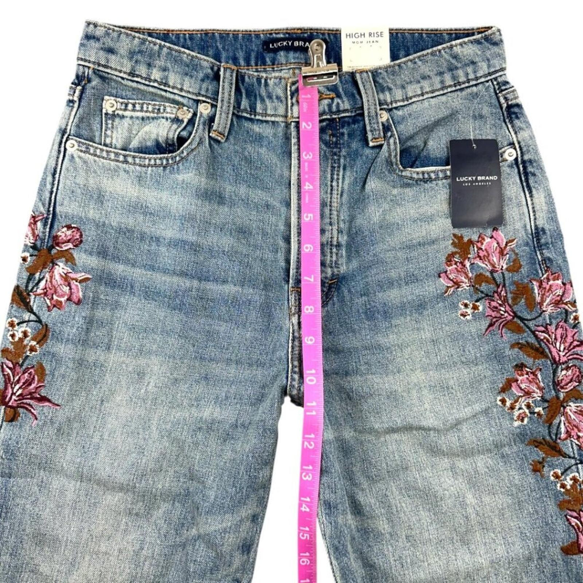 Lucky Brand Drew Floral High Rise Mom Jeans Blue Denim with Pink Embroidery