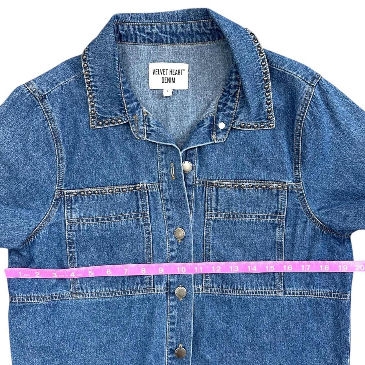Velvet Heart Denim Cropped Jacket with Studded Details and Balloon Sleeves
