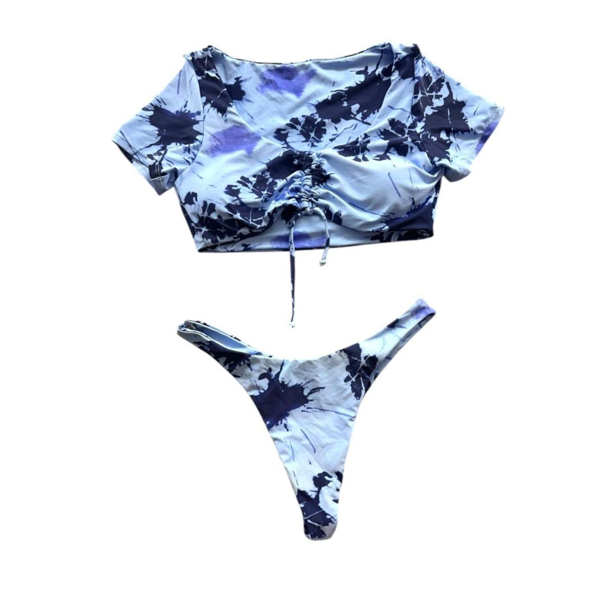 SHEIN Blue Purple Tie Dye Indie Punk Two Piece Bikini Set with Short Sleeve
