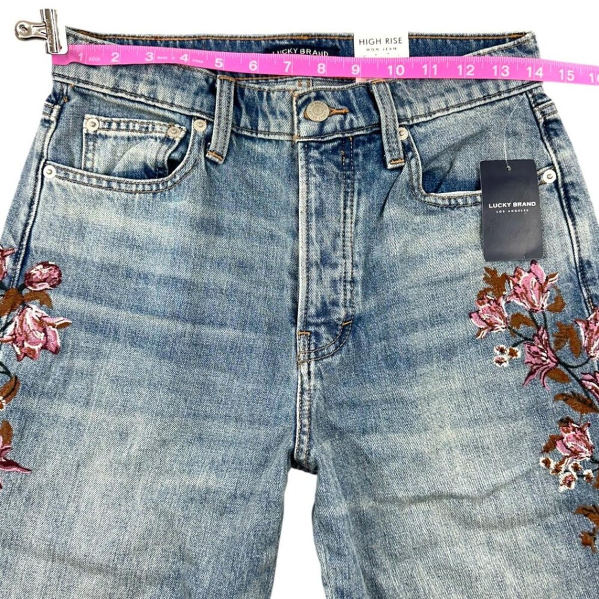 Lucky Brand Drew Floral High Rise Mom Jeans Blue Denim with Pink Embroidery